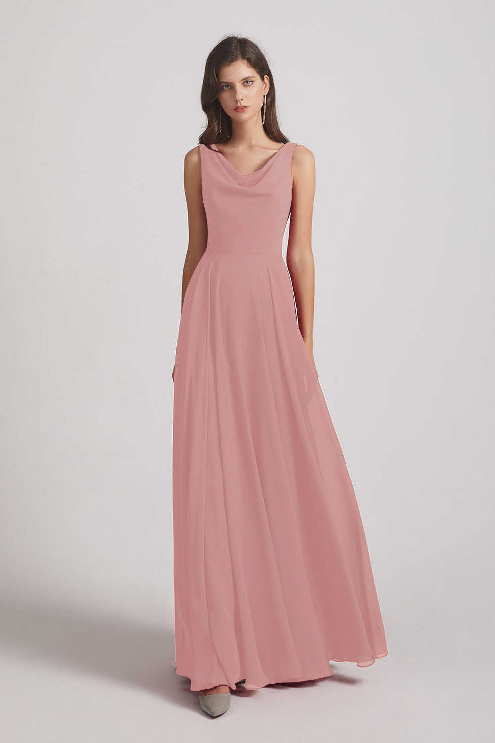 Alfa Bridal Dusty Pink Sleeveless Cowl Chiffon A-line Bridesmaid Dresses (AF0052)