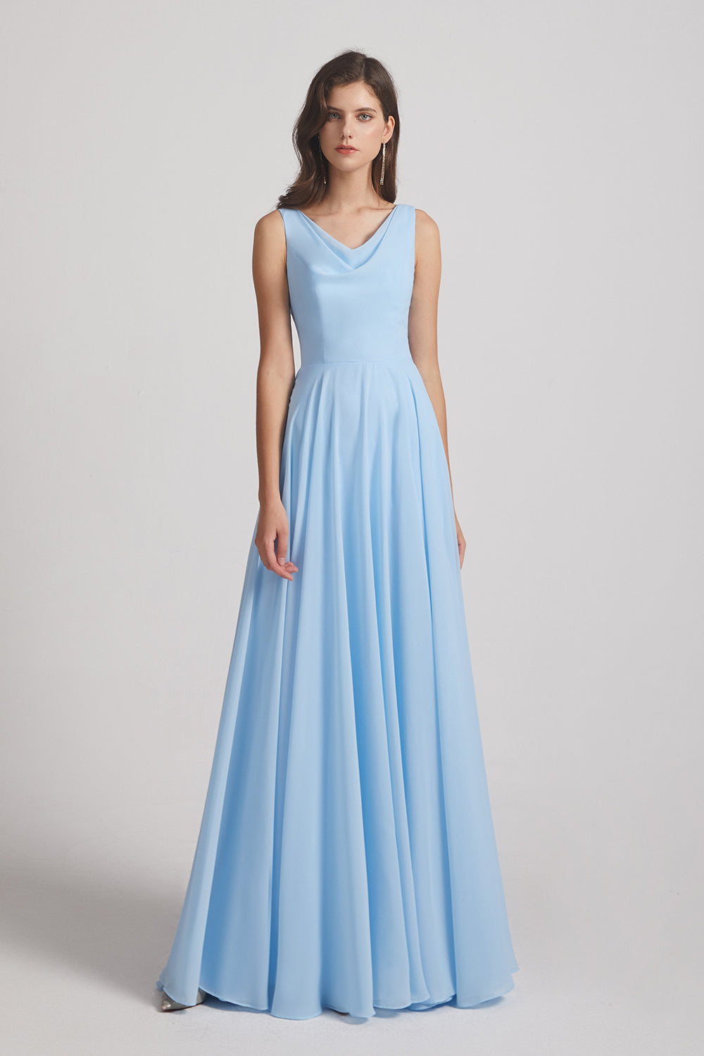Alfa Bridal Light Sky Blue Sleeveless Cowl Chiffon A-line Bridesmaid Dresses (AF0052)