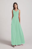 Alfa Bridal Mint Green Sleeveless Cowl Chiffon A-line Bridesmaid Dresses (AF0052)