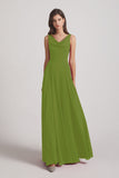 Alfa Bridal Olive Green Sleeveless Cowl Chiffon A-line Bridesmaid Dresses (AF0052)