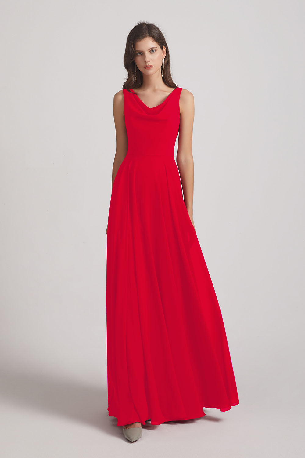 Alfa Bridal Red Sleeveless Cowl Chiffon A-line Bridesmaid Dresses (AF0052)