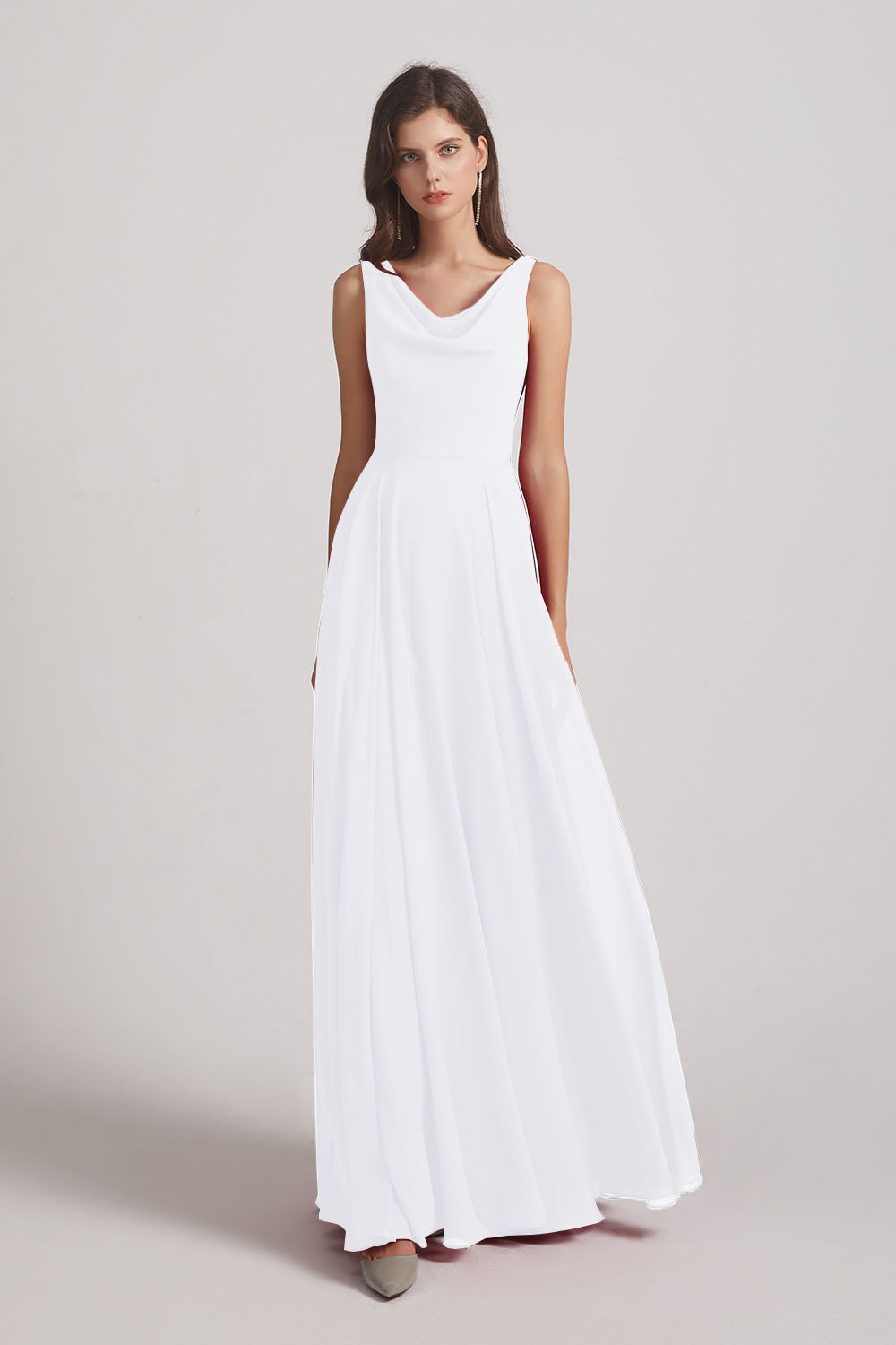 Alfa Bridal White Sleeveless Cowl Chiffon A-line Bridesmaid Dresses (AF0052)