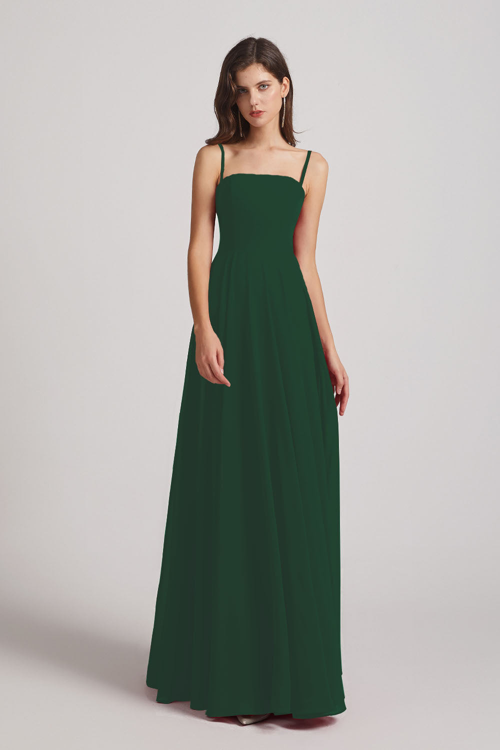 Alfa Bridal Dark Green Spaghetti Straps A-Line Chiffon Pleated Bridesmaid Dresses (AF0063)