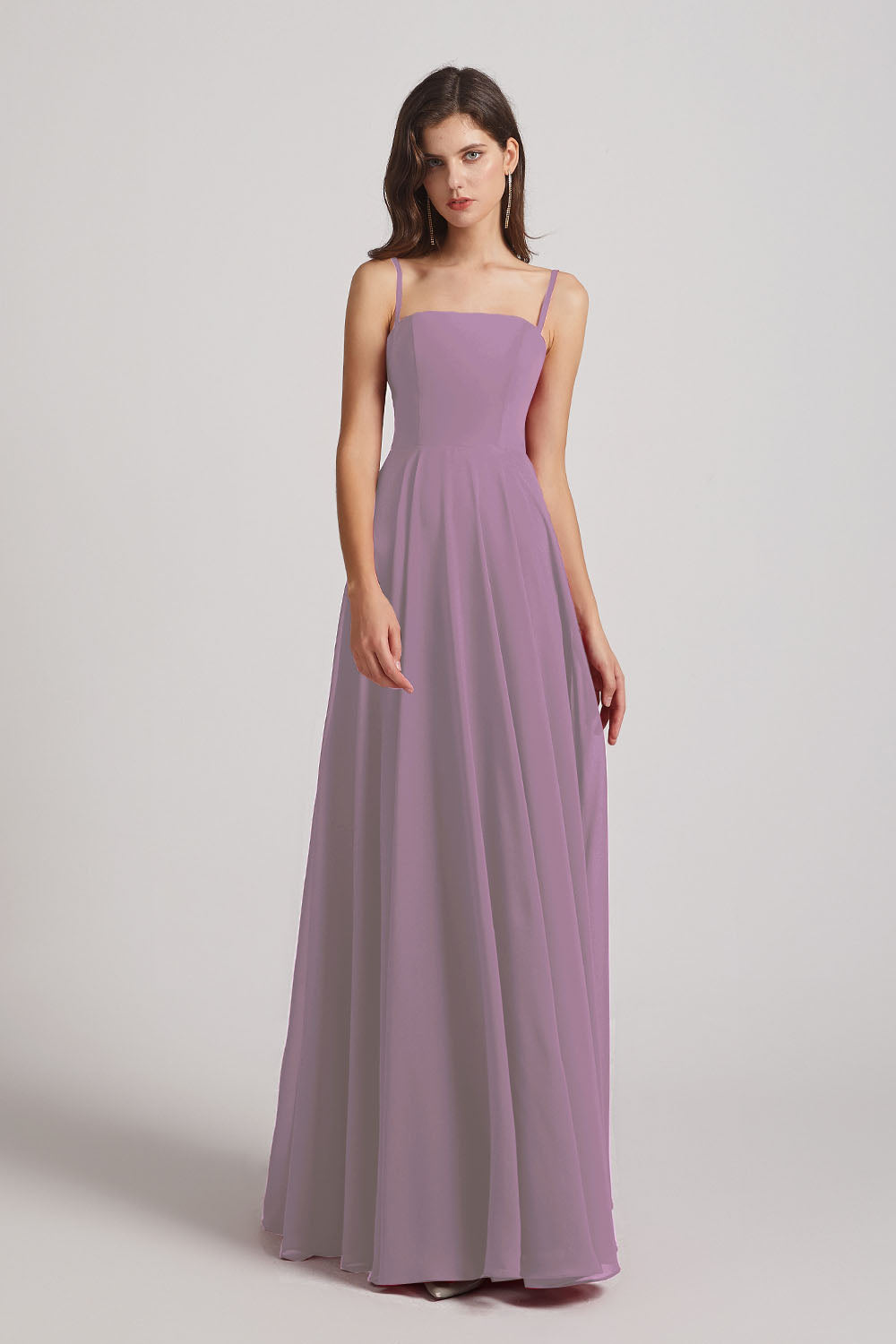 Alfa Bridal Dark Lavender Spaghetti Straps A-Line Chiffon Pleated Bridesmaid Dresses (AF0063)