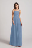 Alfa Bridal Dusty Blue Spaghetti Straps A-Line Chiffon Pleated Bridesmaid Dresses (AF0063)