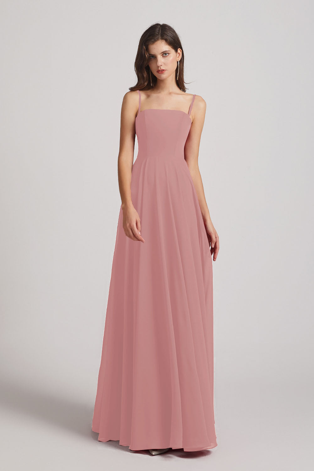 Alfa Bridal Dusty Pink Spaghetti Straps A-Line Chiffon Pleated Bridesmaid Dresses (AF0063)