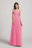 Alfa Bridal Hot Pink Spaghetti Straps A-Line Chiffon Pleated Bridesmaid Dresses (AF0063)