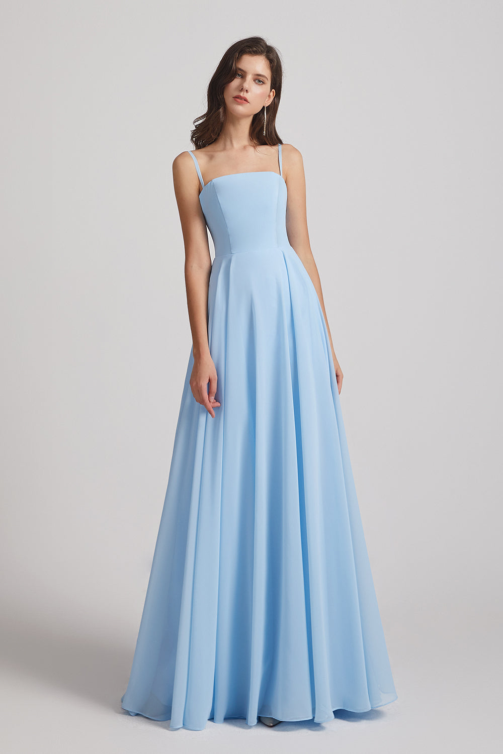 Alfa Bridal Light Sky Blue Spaghetti Straps A-Line Chiffon Pleated Bridesmaid Dresses (AF0063)