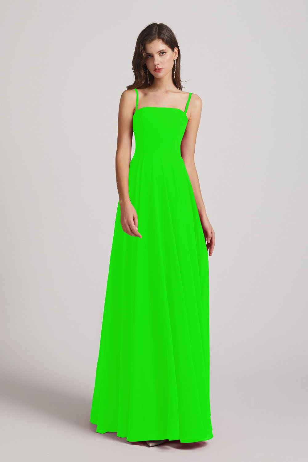 Alfa Bridal Lime Green Spaghetti Straps A-Line Chiffon Pleated Bridesmaid Dresses (AF0063)