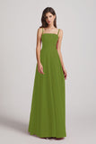 Alfa Bridal Olive Green Spaghetti Straps A-Line Chiffon Pleated Bridesmaid Dresses (AF0063)