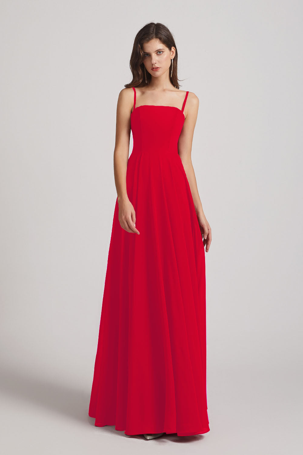 Alfa Bridal Red Spaghetti Straps A-Line Chiffon Pleated Bridesmaid Dresses (AF0063)