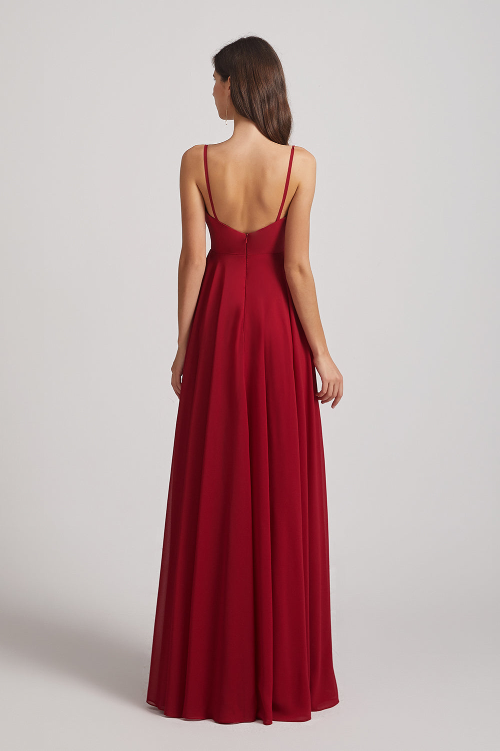 Alfa Bridal Dark Red Spaghetti Straps A-Line Chiffon Pleated Bridesmaid Dresses (AF0063)