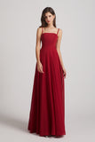 Alfa Bridal Dark Red Spaghetti Straps A-Line Chiffon Pleated Bridesmaid Dresses (AF0063)