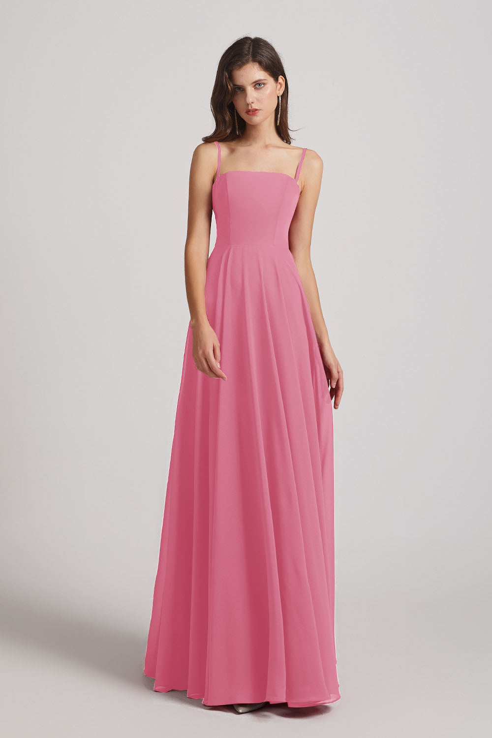Alfa Bridal Skin Pink Spaghetti Straps A-Line Chiffon Pleated Bridesmaid Dresses (AF0063)