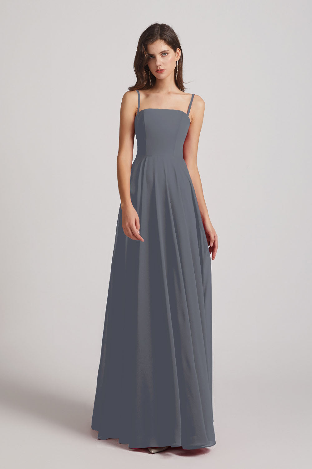 Alfa Bridal Slate Grey Spaghetti Straps A-Line Chiffon Pleated Bridesmaid Dresses (AF0063)