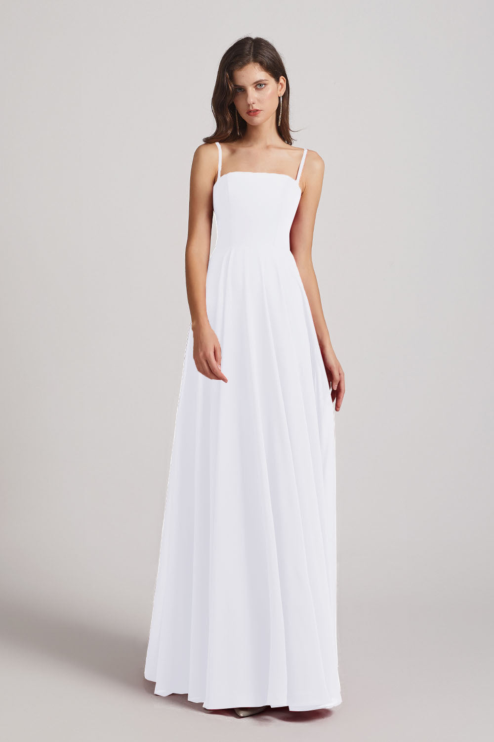 Alfa Bridal White Spaghetti Straps A-Line Chiffon Pleated Bridesmaid Dresses (AF0063)