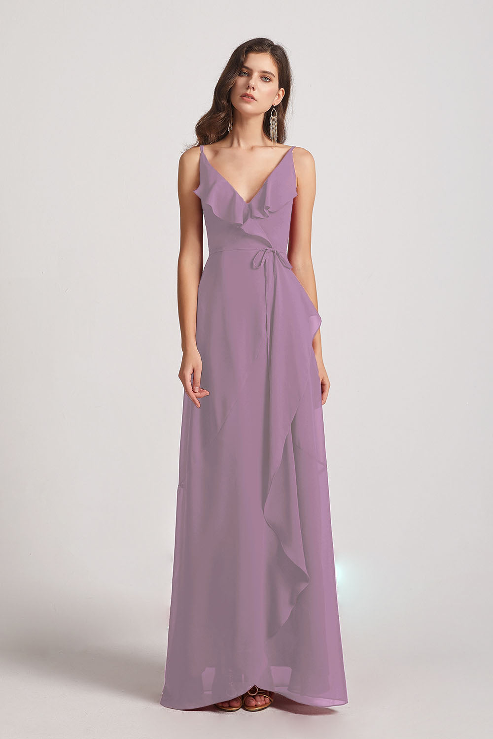 Alfa Bridal Dark Lavender Spaghetti Straps Asymmetrical Frilled Wrap Bridesmaid Dresses (AF0142)