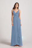 Alfa Bridal Dusty Blue Spaghetti Straps Asymmetrical Frilled Wrap Bridesmaid Dresses (AF0142)