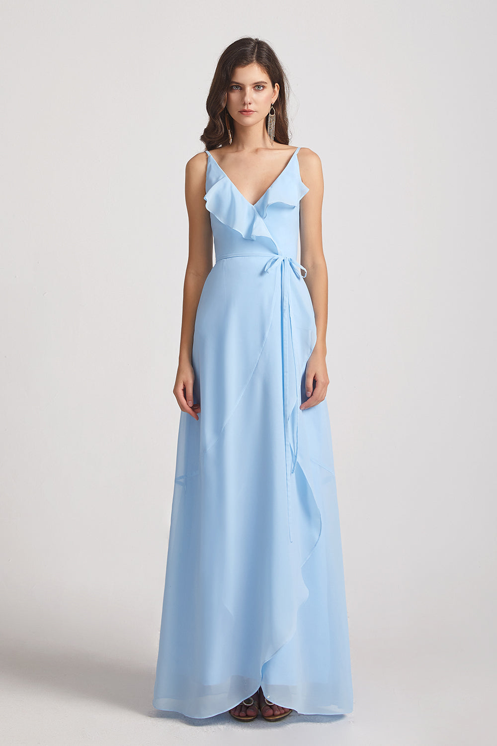 Alfa Bridal Light Sky Blue Spaghetti Straps Asymmetrical Frilled Wrap Bridesmaid Dresses (AF0142)