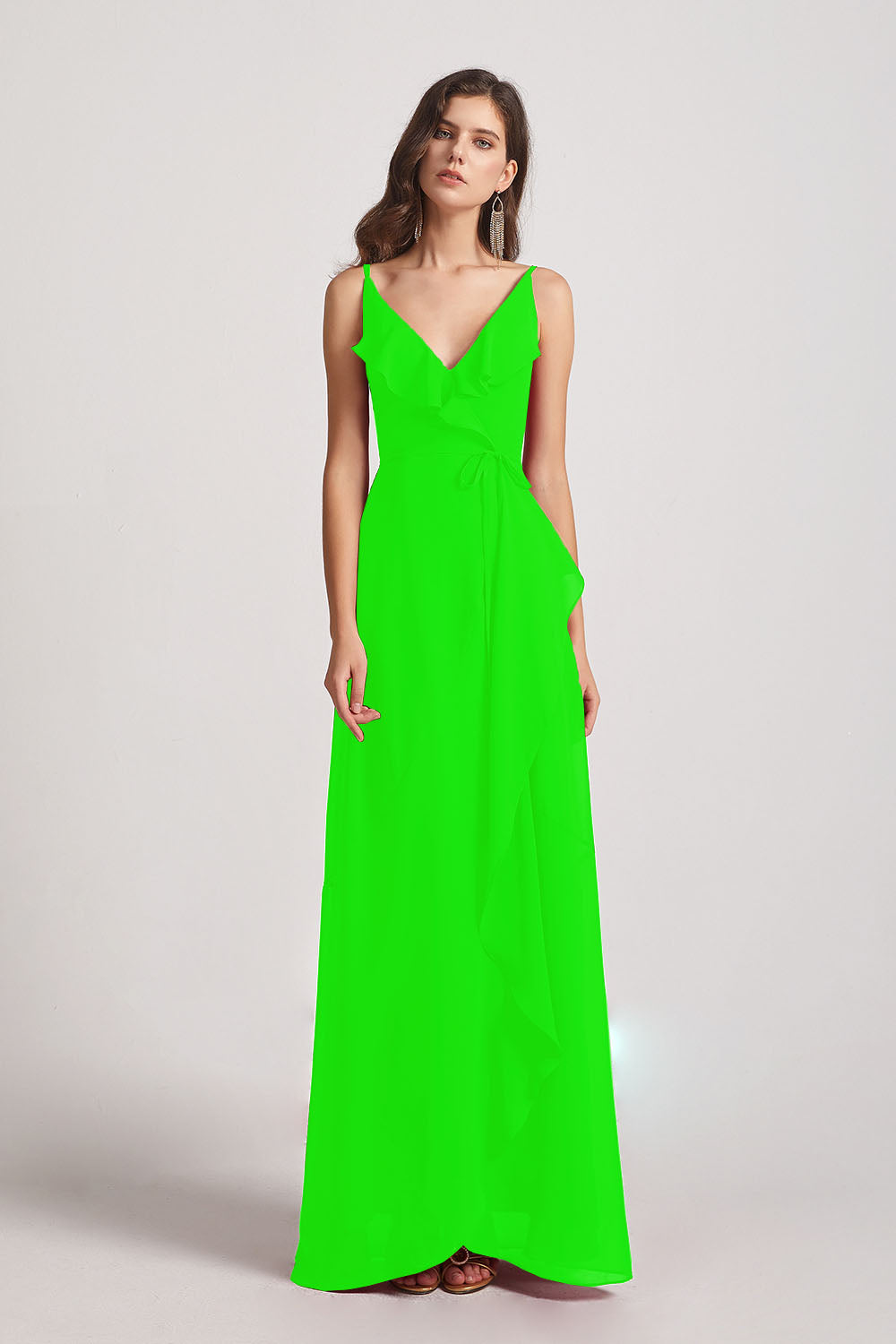 Alfa Bridal Lime Green Spaghetti Straps Asymmetrical Frilled Wrap Bridesmaid Dresses (AF0142)