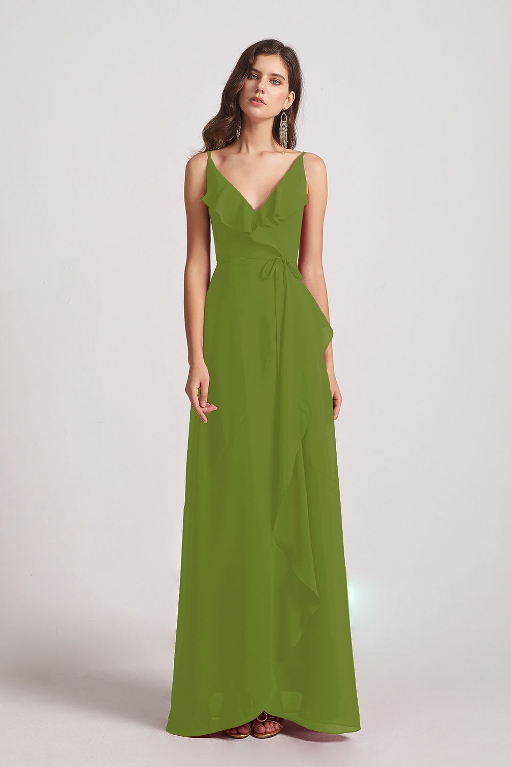 Alfa Bridal Olive Green Spaghetti Straps Asymmetrical Frilled Wrap Bridesmaid Dresses (AF0142)