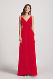 Alfa Bridal Red Spaghetti Straps Asymmetrical Frilled Wrap Bridesmaid Dresses (AF0142)