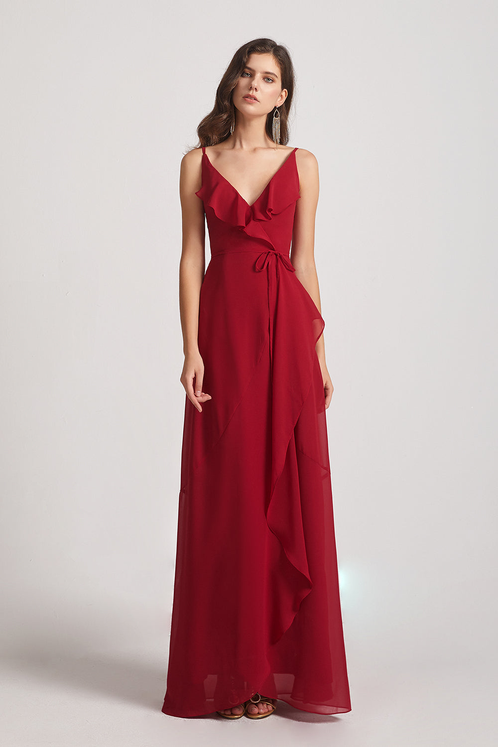 Alfa Bridal Dark Red Spaghetti Straps Asymmetrical Frilled Wrap Bridesmaid Dresses (AF0142)