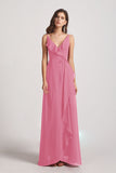 Alfa Bridal Skin Pink Spaghetti Straps Asymmetrical Frilled Wrap Bridesmaid Dresses (AF0142)