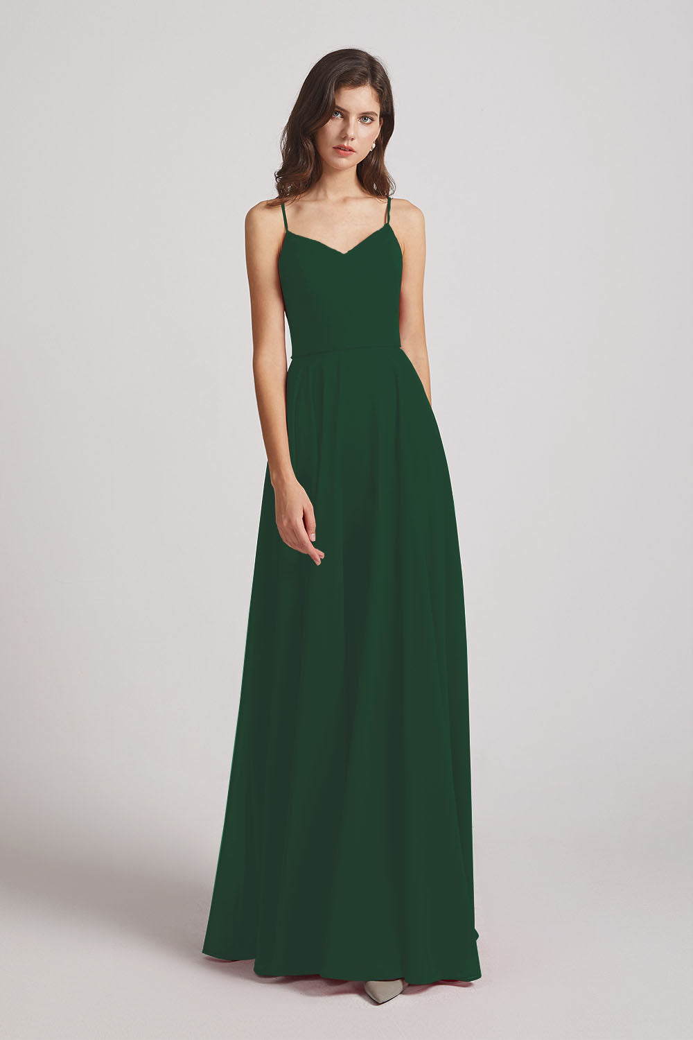 Alfa Bridal Dark Green Spaghetti Straps Chiffon A-Line Long Bridesmaid Dresses (AF0110)
