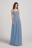 Alfa Bridal Dusty Blue Spaghetti Straps Chiffon A-Line Long Bridesmaid Dresses (AF0110)