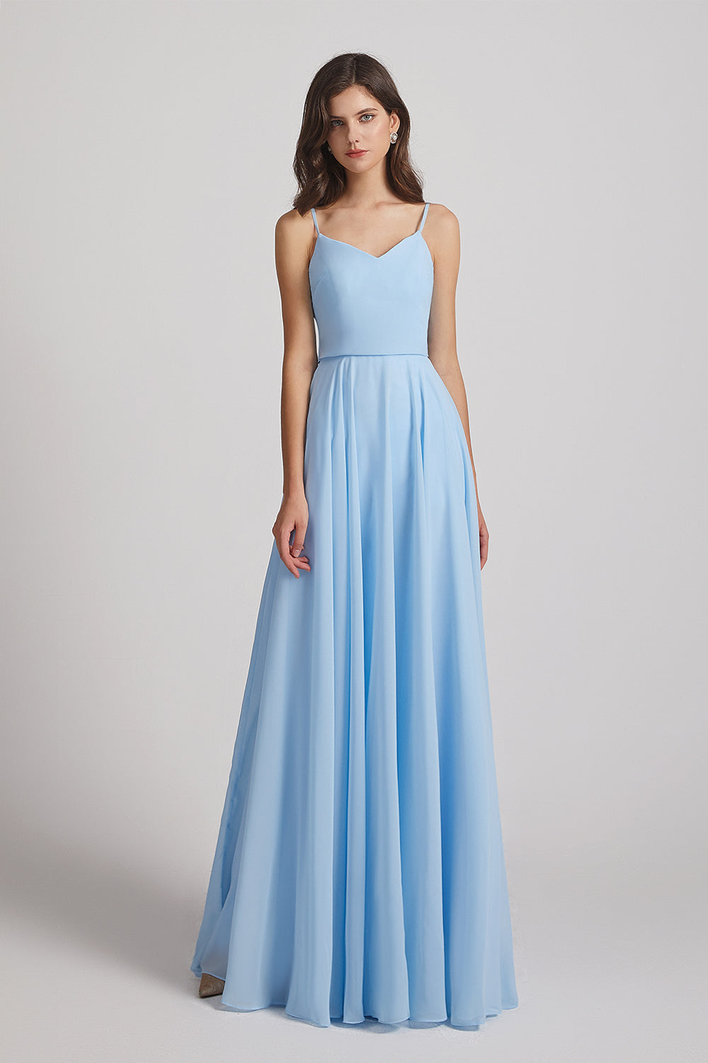 Alfa Bridal Light Sky Blue Spaghetti Straps Chiffon A-Line Long Bridesmaid Dresses (AF0110)