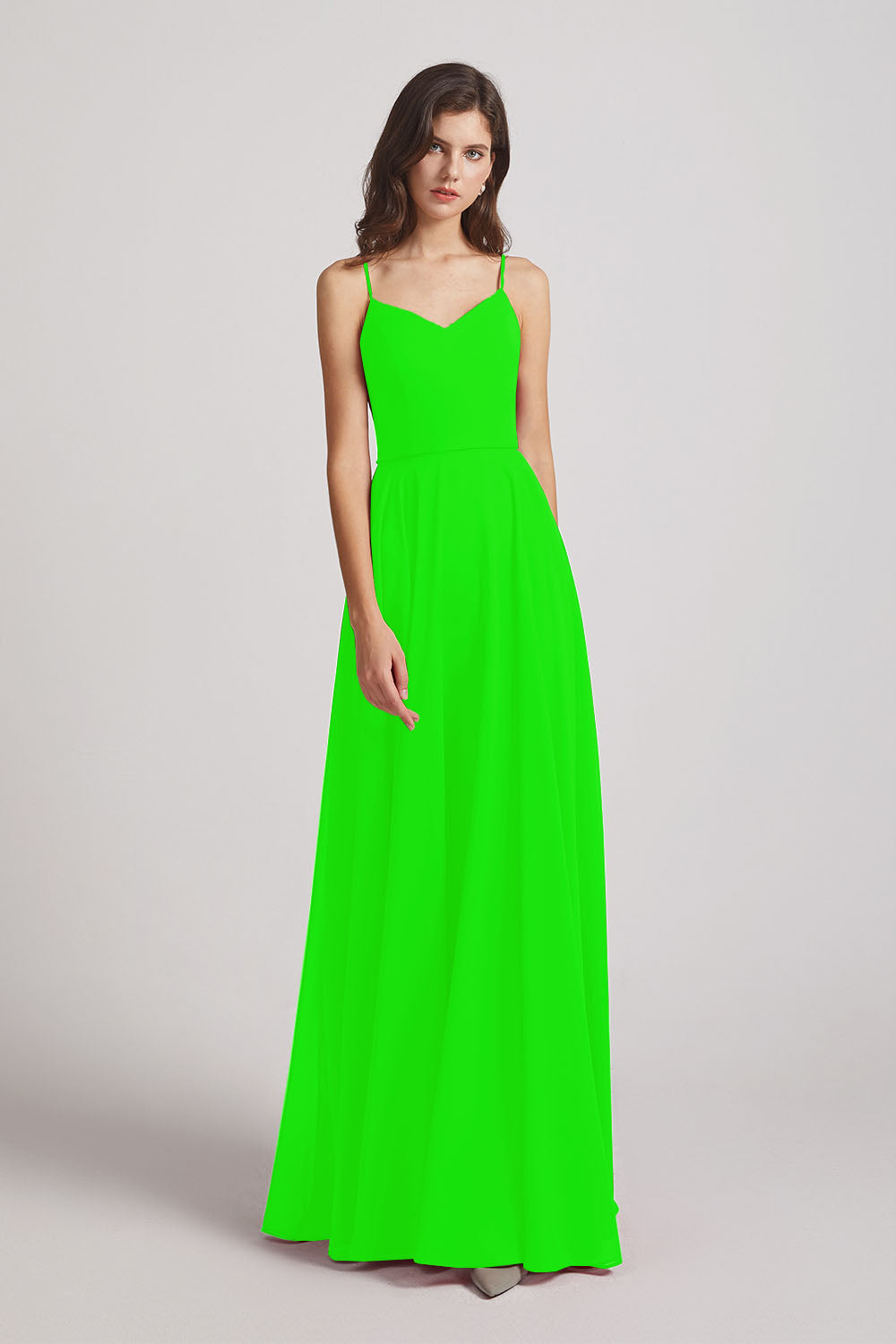 Alfa Bridal Lime Green Spaghetti Straps Chiffon A-Line Long Bridesmaid Dresses (AF0110)