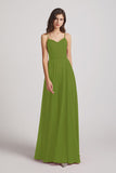 Alfa Bridal Olive Green Spaghetti Straps Chiffon A-Line Long Bridesmaid Dresses (AF0110)