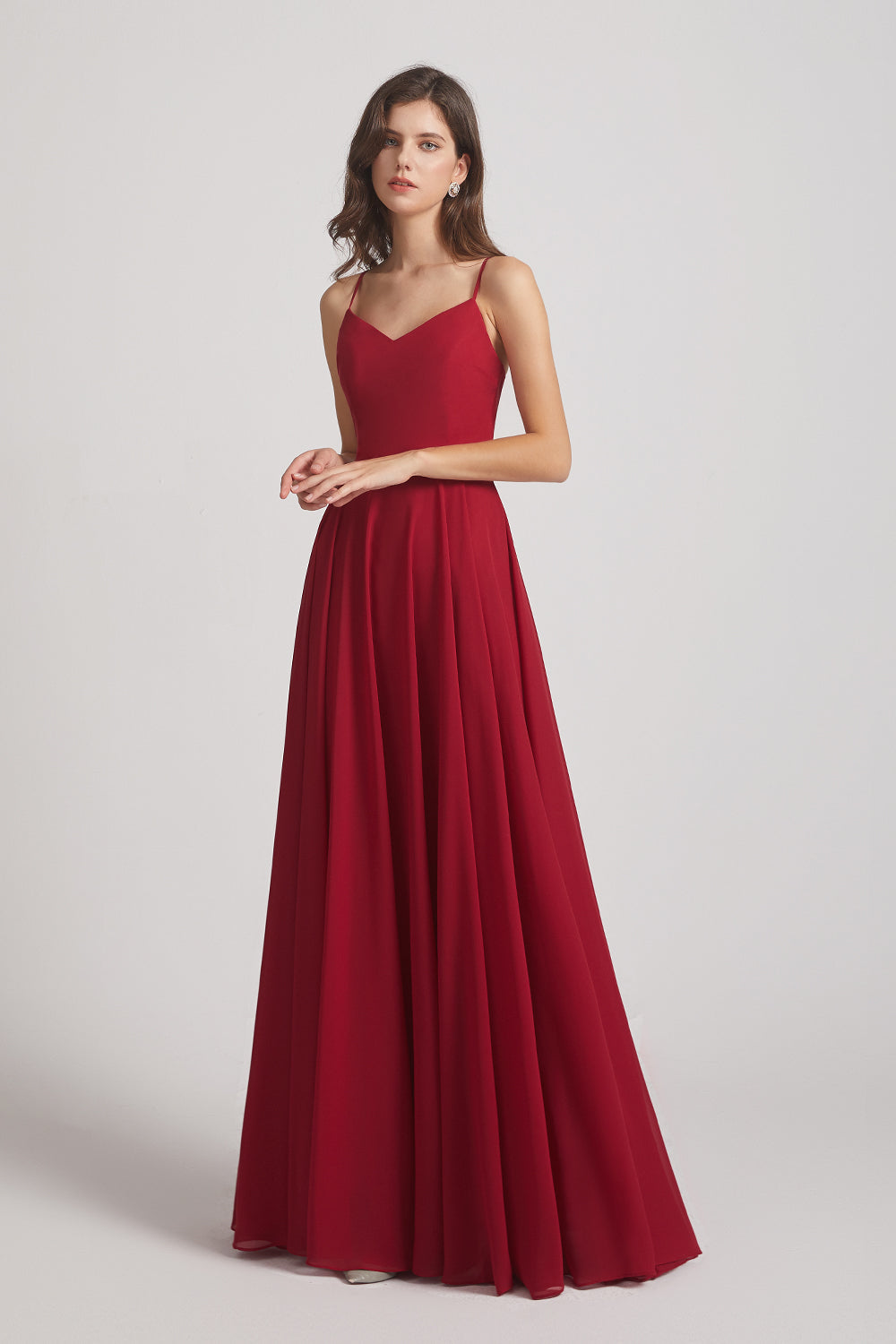 Alfa Bridal Dark Red Spaghetti Straps Chiffon A-Line Long Bridesmaid Dresses (AF0110)