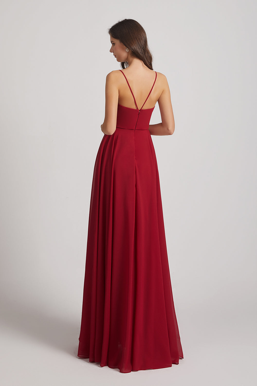 Alfa Bridal Dark Red Spaghetti Straps Chiffon A-Line Long Bridesmaid Dresses (AF0110)