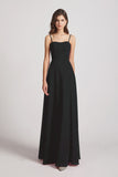 Alfa Bridal Black Spaghetti Straps Long Chiffon Bridesmaid Dresses with Side Slit (AF0112)