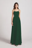 Alfa Bridal Dark Green Spaghetti Straps Long Chiffon Bridesmaid Dresses with Side Slit (AF0112)