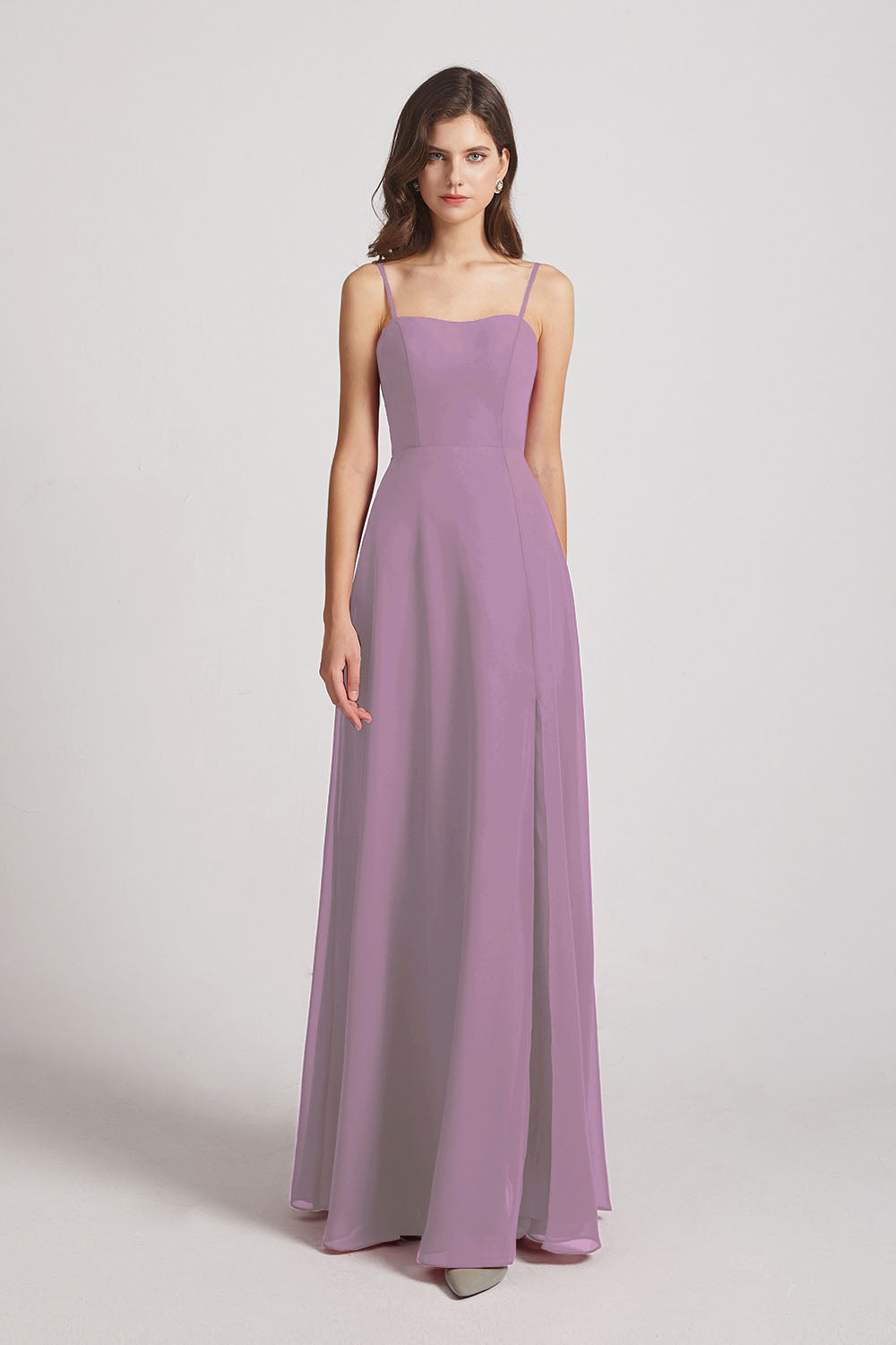 Alfa Bridal Dark Lavender Spaghetti Straps Long Chiffon Bridesmaid Dresses with Side Slit (AF0112)