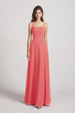 Alfa Bridal Desert Rose Spaghetti Straps Long Chiffon Bridesmaid Dresses with Side Slit (AF0112)