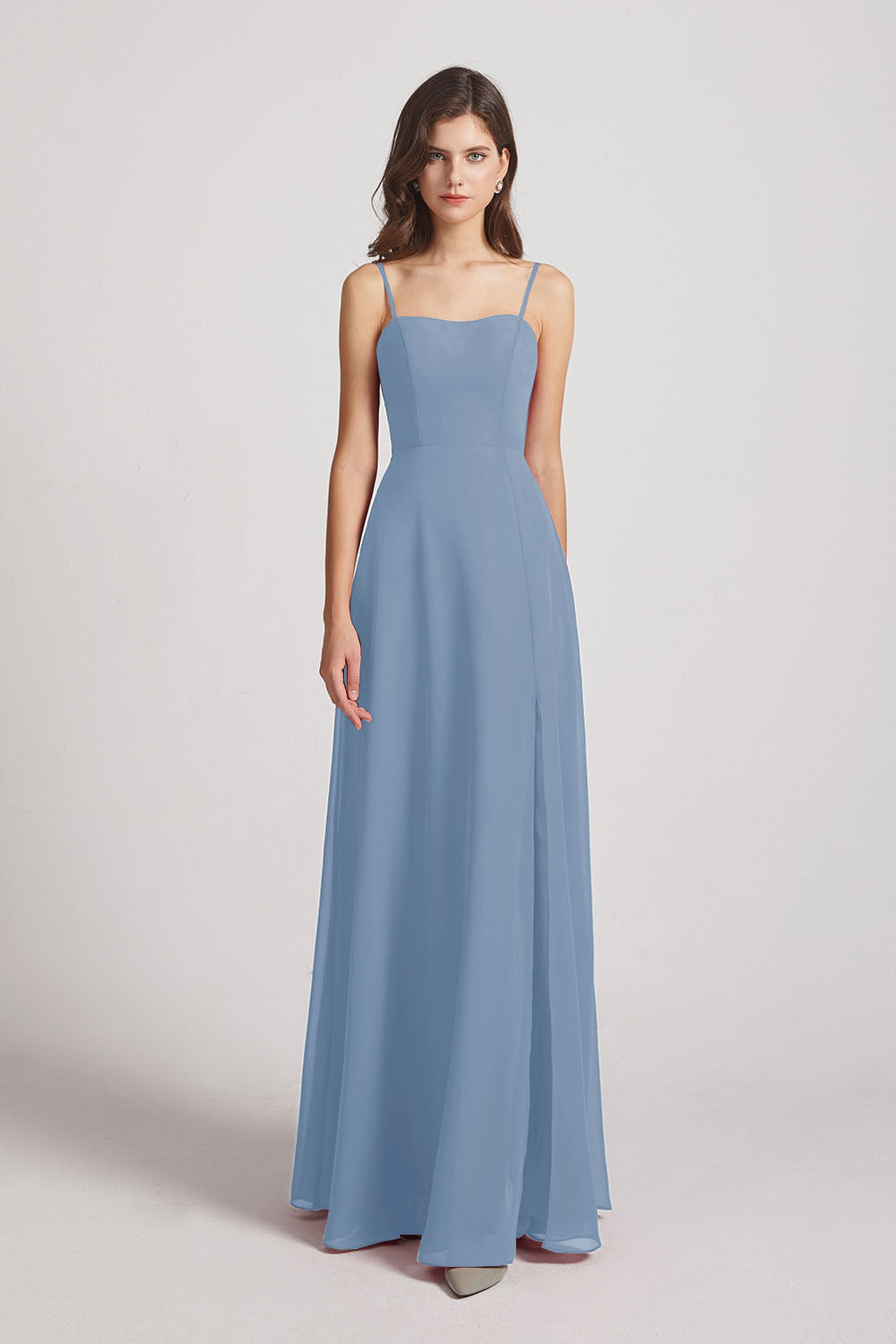 Alfa Bridal Dusty Blue Spaghetti Straps Long Chiffon Bridesmaid Dresses with Side Slit (AF0112)