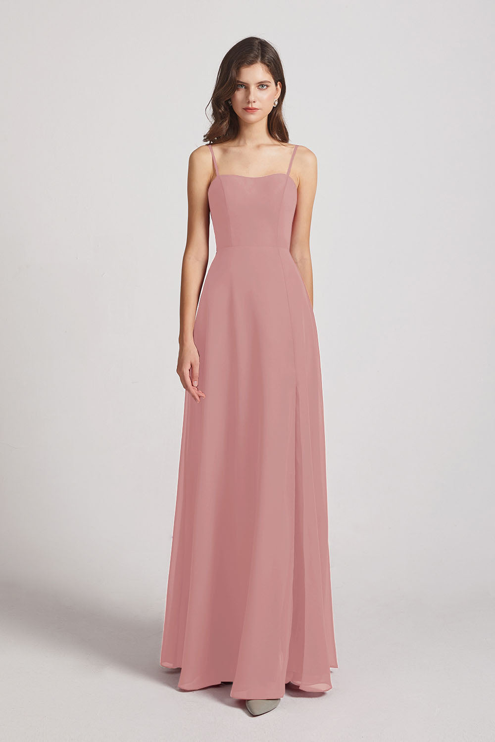 Alfa Bridal Dusty Pink Spaghetti Straps Long Chiffon Bridesmaid Dresses with Side Slit (AF0112)