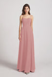 Alfa Bridal Dusty Pink Spaghetti Straps Long Chiffon Bridesmaid Dresses with Side Slit (AF0112)