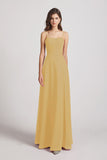 Alfa Bridal Gold Spaghetti Straps Long Chiffon Bridesmaid Dresses with Side Slit (AF0112)