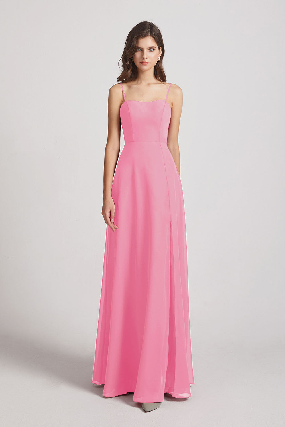 Alfa Bridal Hot Pink Spaghetti Straps Long Chiffon Bridesmaid Dresses with Side Slit (AF0112)