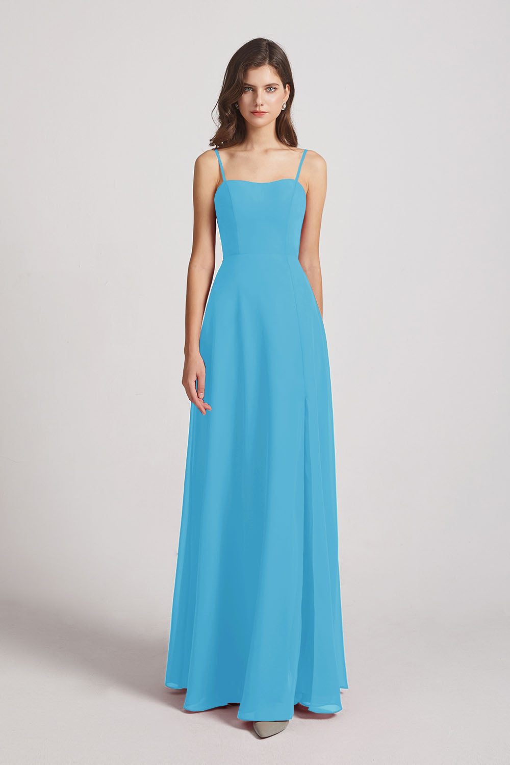 Alfa Bridal Ice Blue Spaghetti Straps Long Chiffon Bridesmaid Dresses with Side Slit (AF0112)
