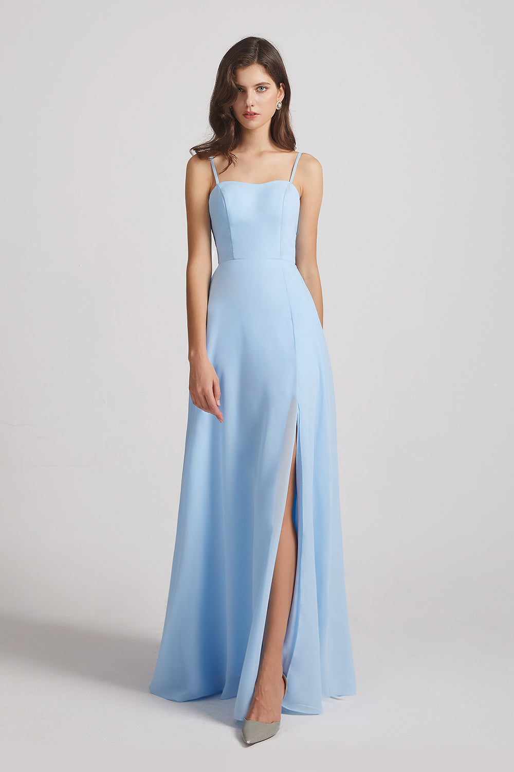 Alfa Bridal Light Sky Blue Spaghetti Straps Long Chiffon Bridesmaid Dresses with Side Slit (AF0112)