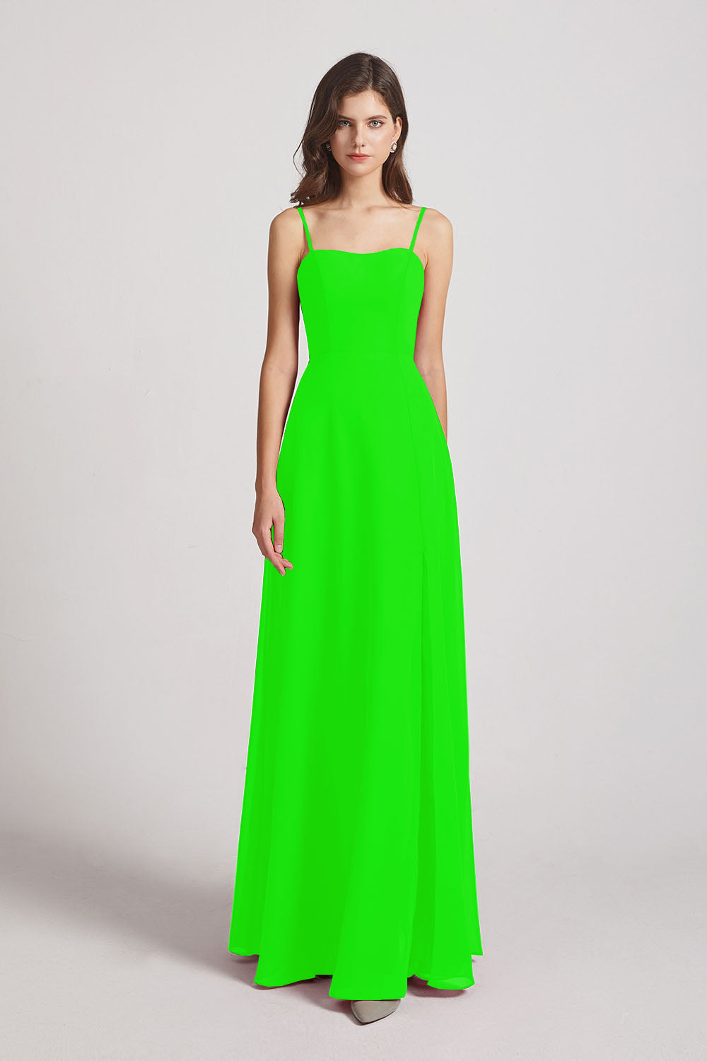 Alfa Bridal Lime Green Spaghetti Straps Long Chiffon Bridesmaid Dresses with Side Slit (AF0112)