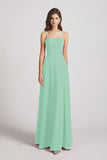 Alfa Bridal Mint Green Spaghetti Straps Long Chiffon Bridesmaid Dresses with Side Slit (AF0112)