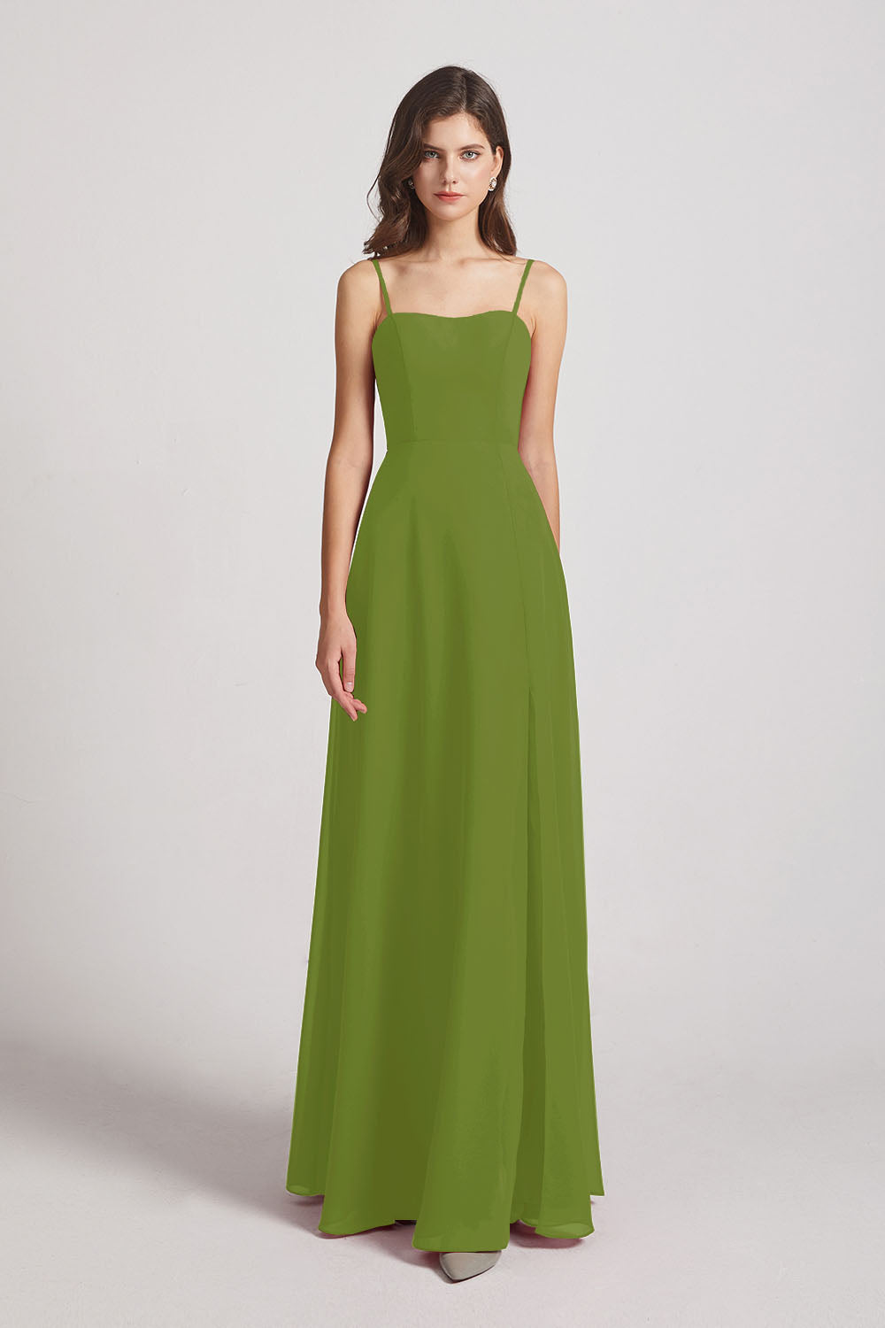 Alfa Bridal Olive Green Spaghetti Straps Long Chiffon Bridesmaid Dresses with Side Slit (AF0112)