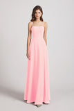 Alfa Bridal Pink Spaghetti Straps Long Chiffon Bridesmaid Dresses with Side Slit (AF0112)